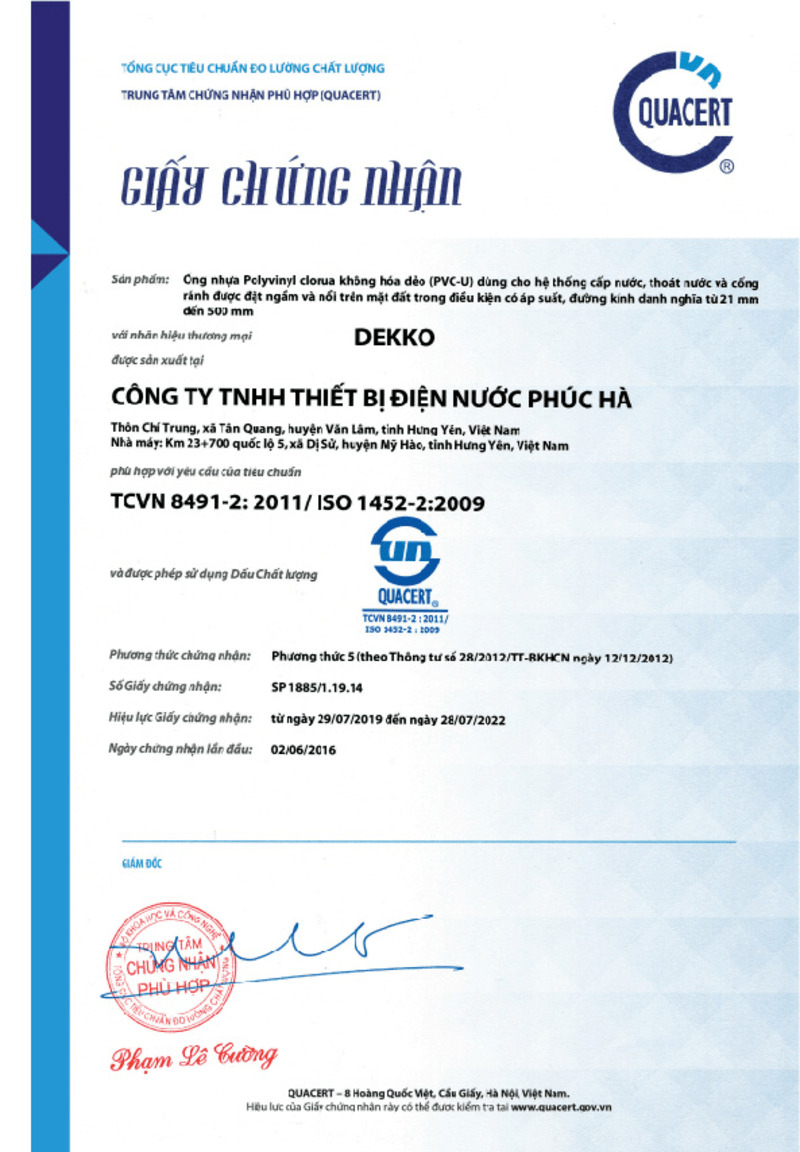 Ống nhựa uPVC Dekko đạt chứng nhận TCVN 8491-2:2011 / ISO 1452-2:2009